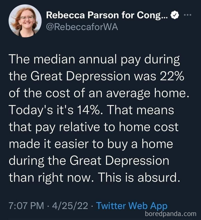 Tweet highlighting housing cost versus pay during the Great Depression compared to now, expressing frustration.