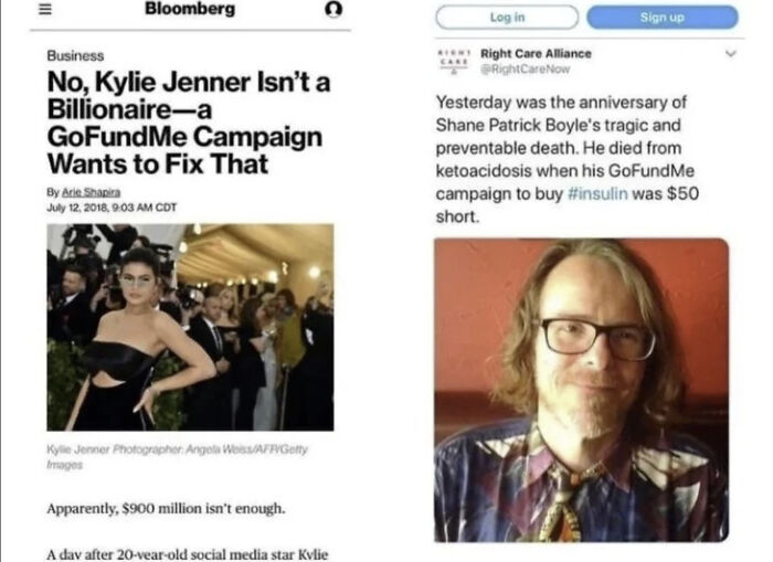 Collage of social media rage: Kylie Jenner's wealth highlighted, GoFundMe lacks $50 for insulin, sparking online anger.
