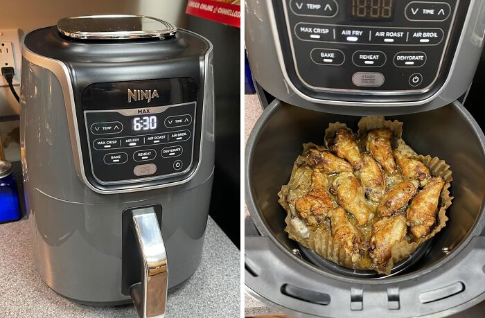 Air fryer cooking chicken wings, essential for solo life convenience.