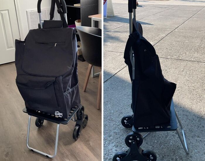 Trolley bag for solo living, shown indoors and outdoors, with multiple wheels and a seat feature.