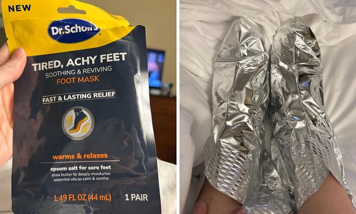 Dr. Scholl's foot mask for tired feet, packaging on left and foil-lined boots in use on the right.
