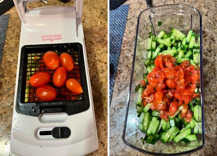Chopped cucumbers and tomatoes using a kitchen gadget, essential for living solo and needing quick meal prep backup.