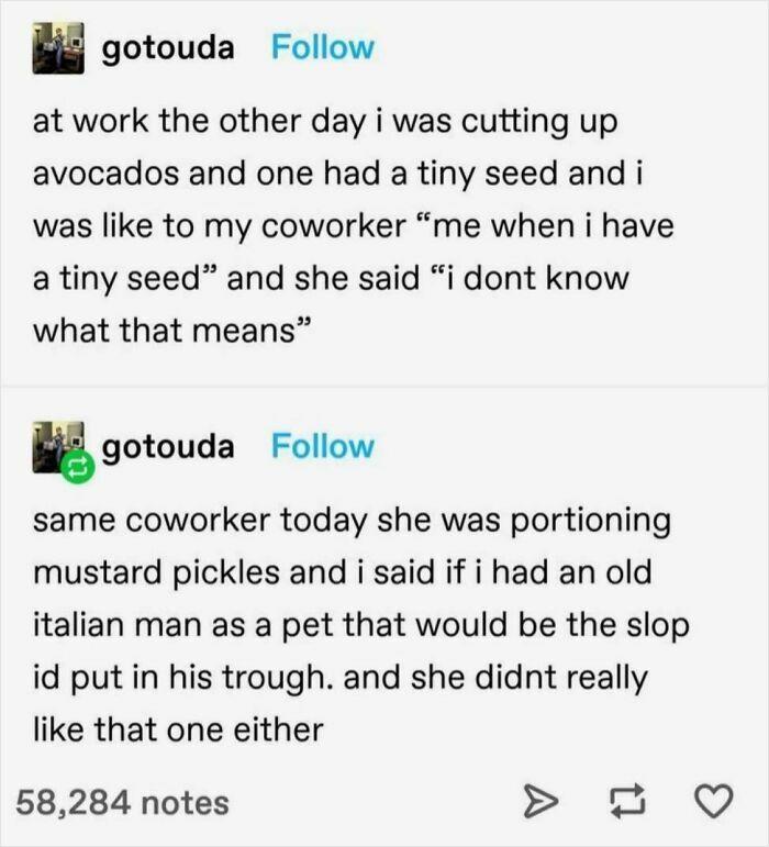 Humorous coworker shares avocado and pickle jokes in a text post.