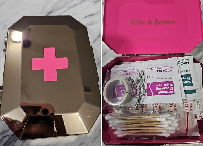 First aid kit with pink cross, containing cotton swabs and bandages, ideal for living solo life backup.