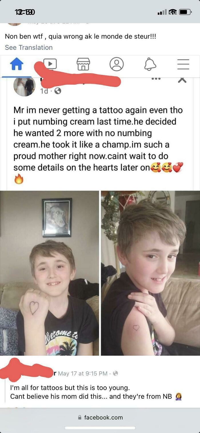 Young boy with heart tattoos on arm and hand, mom's social media post sparks criticism online.