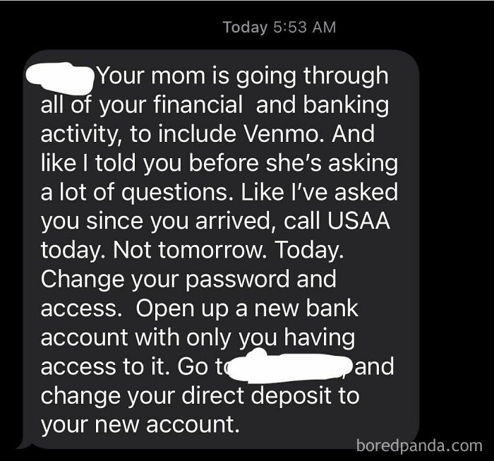 Text exchange showing frustration over financial privacy invasion, urging immediate action with banking details.