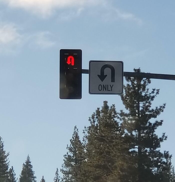 Traffic light showing a red U-turn signal next to a U-turn only sign; an optical illusion-like scene.