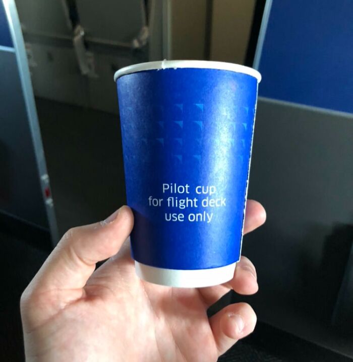 Hand holding a blue cup labeled "Pilot cup for flight deck use only," looking surreal but real.