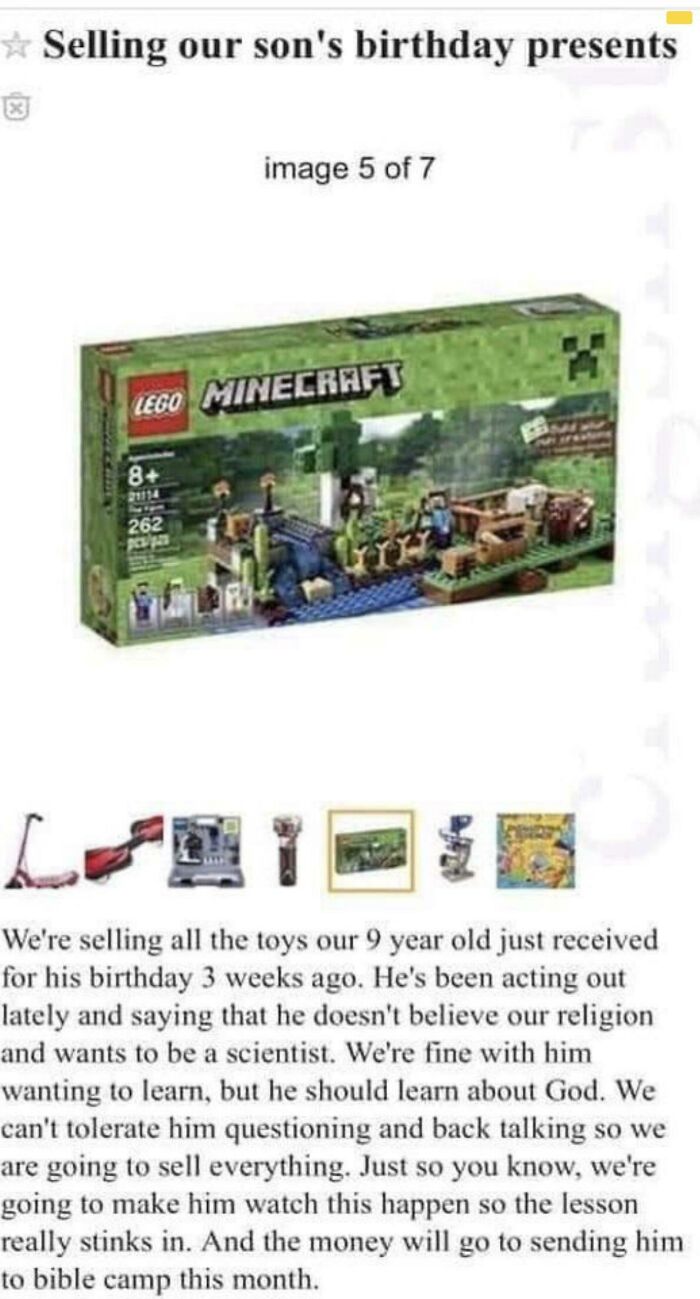 Lego Minecraft set listed for sale online out of anger due to son's behavior and beliefs, among other toys.