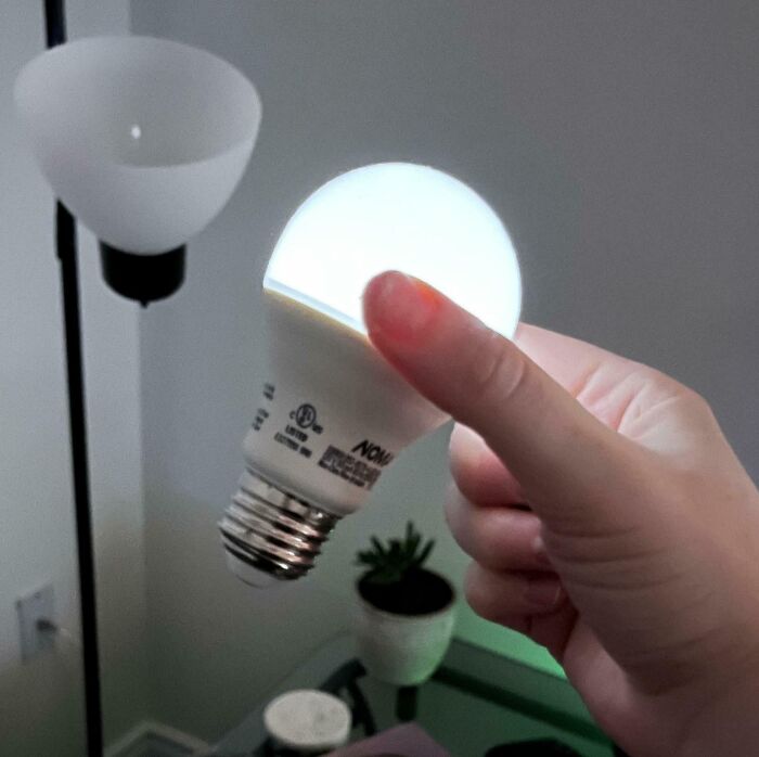 Hand holding a glowing light bulb, appearing fake but real.