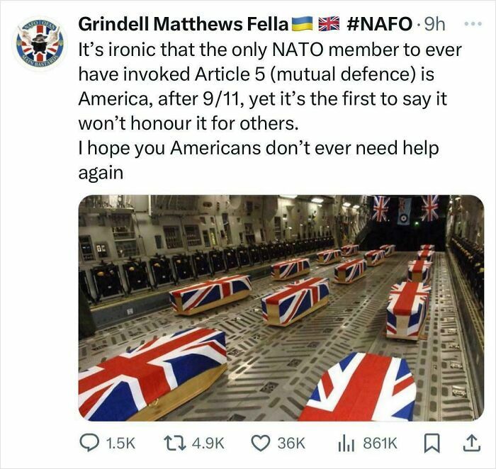 NATO criticism image showing covered coffins in military aircraft, discussing mutual defense obligations.