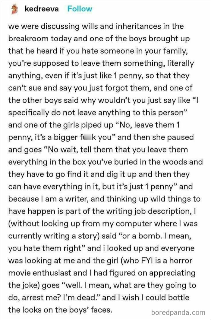 Text exchange in a breakroom about funny ways to handle wills, showcasing coworkers' humor.