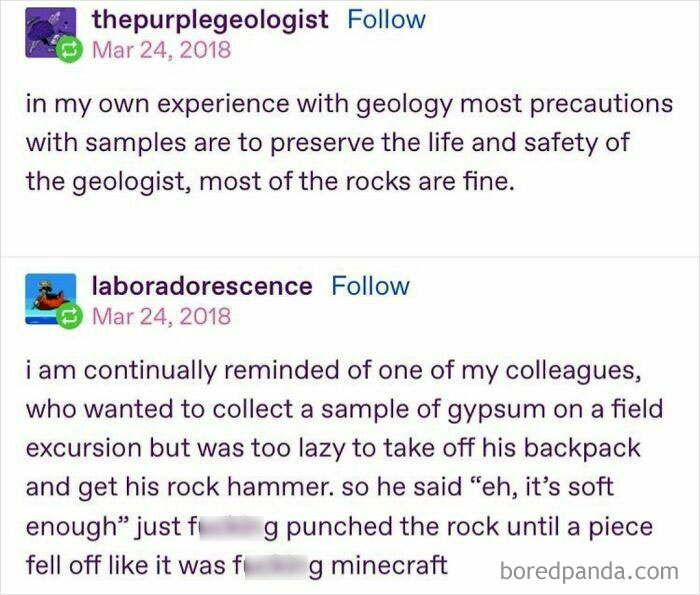Funny coworkers share geology safety humor and a lazy gypsum sampling story.