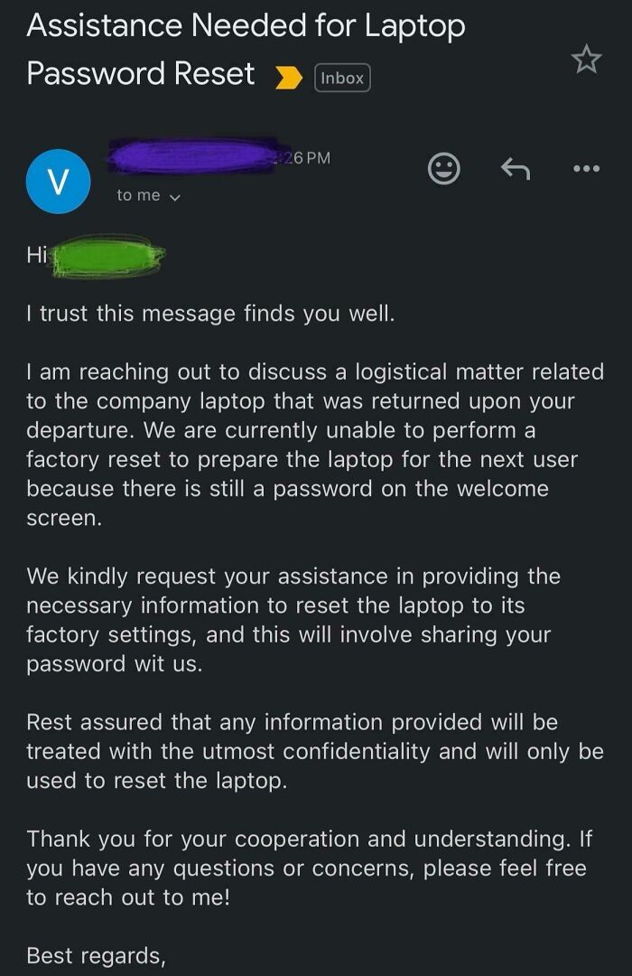 Email from a boss requesting a laptop password reset assistance for returned company equipment.