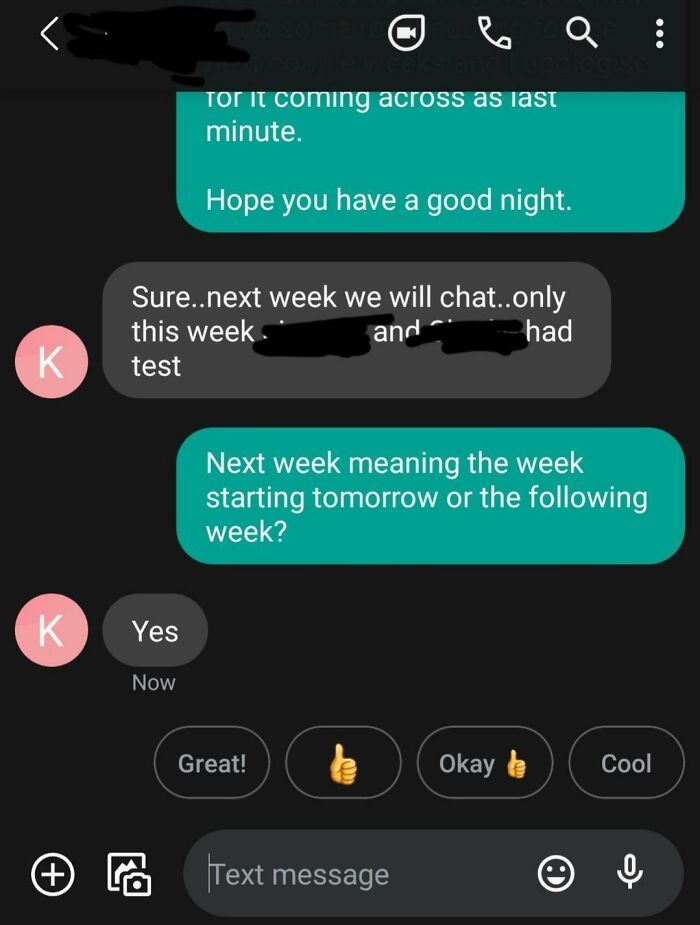 Confusing text exchange with boss about scheduling, highlighting frustrating communication with superiors.