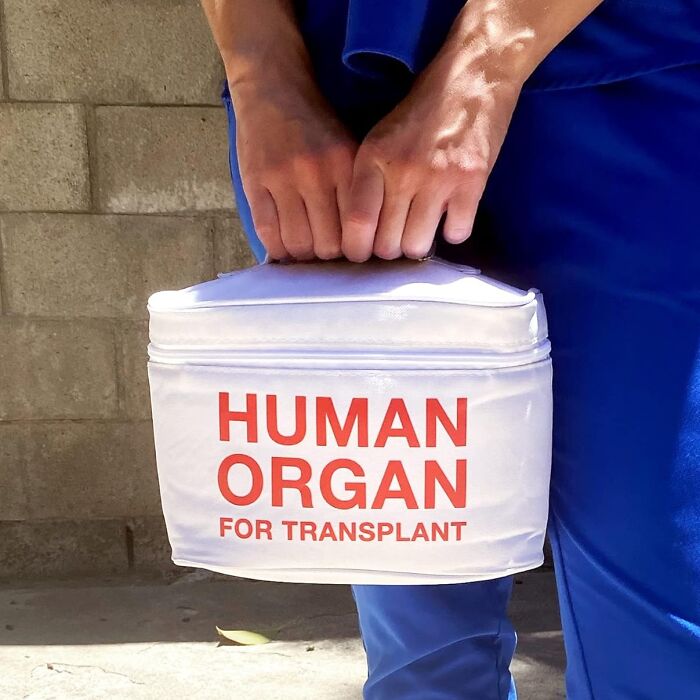 Person holding a quirky cooler labeled "Human Organ for Transplant," ideal for the weird friend.