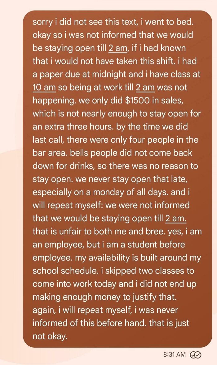 Employee complains about unfair late-night shift, citing poor sales and lack of advance notice by infuriating bosses.