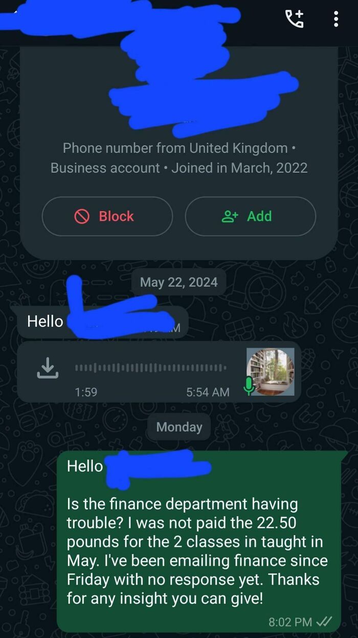 Chat conversation highlighting issues with frustrating bosses and unpaid wages.