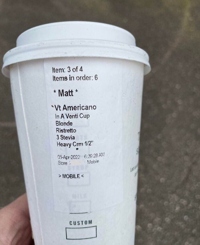 Venti Americano cup with complex order label, highlighting an infuriating superior's coffee demands.