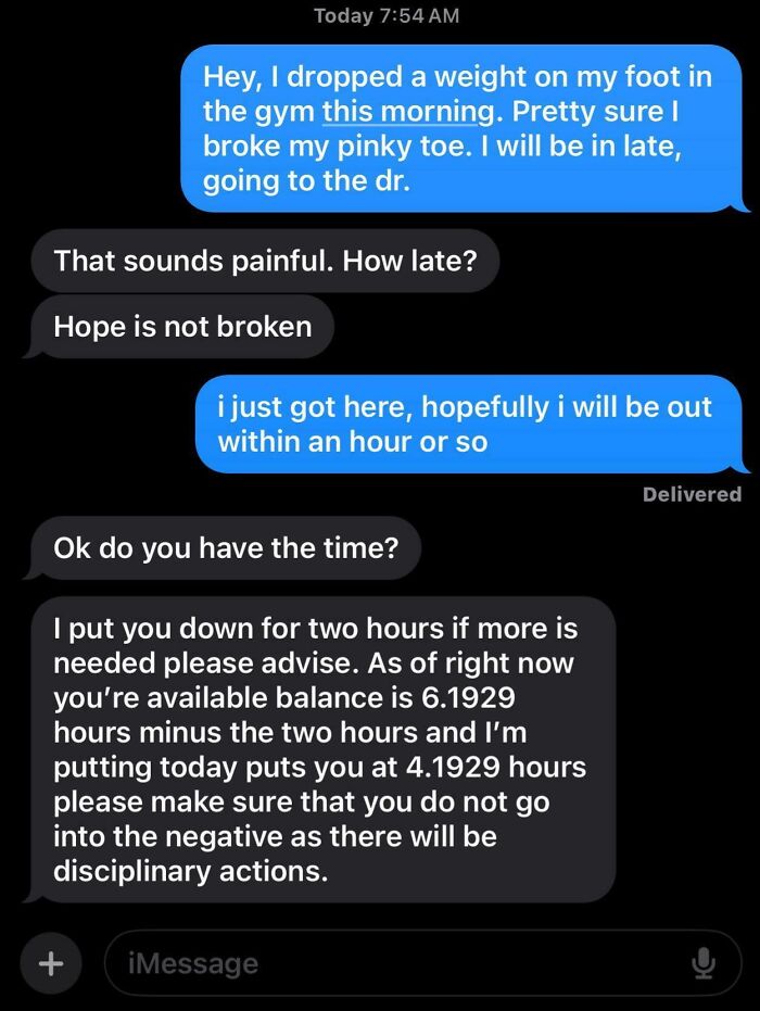 Text exchange with a boss discussing time off and potential disciplinary actions.