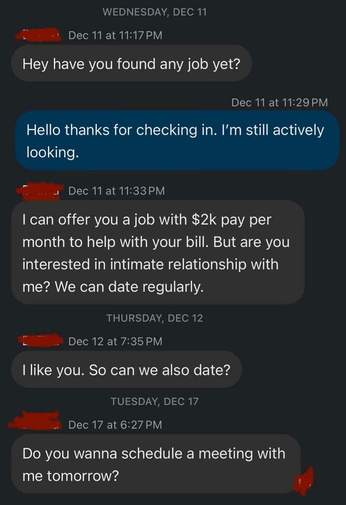 Text exchange with a boss offering a job for $2k/month in exchange for a relationship.