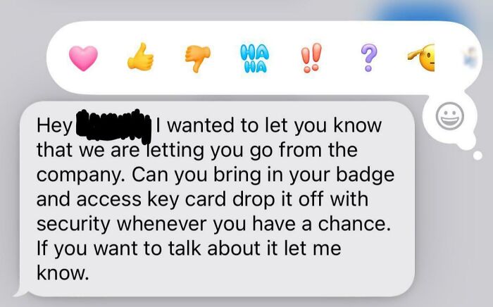 Text message displaying a boss firing an employee in an informal manner, titled for hall of shame of infuriating superiors.