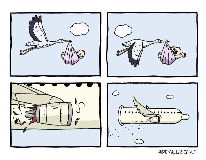 Comic with dark twists showing a stork dropping a baby, then an airplane engine damaged with a funny dark twist.