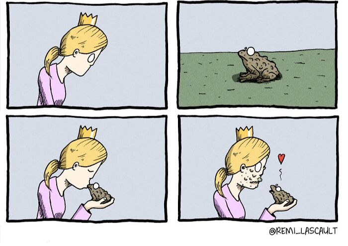 Comic strip showing a princess kissing a frog with a dark twist, illustrating funny comics with dark twists concept.