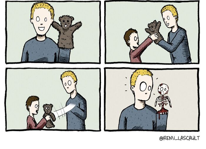 Comic with a dark twist showing a man handing a teddy bear puppet to a boy, revealing a bloody skeleton inside.