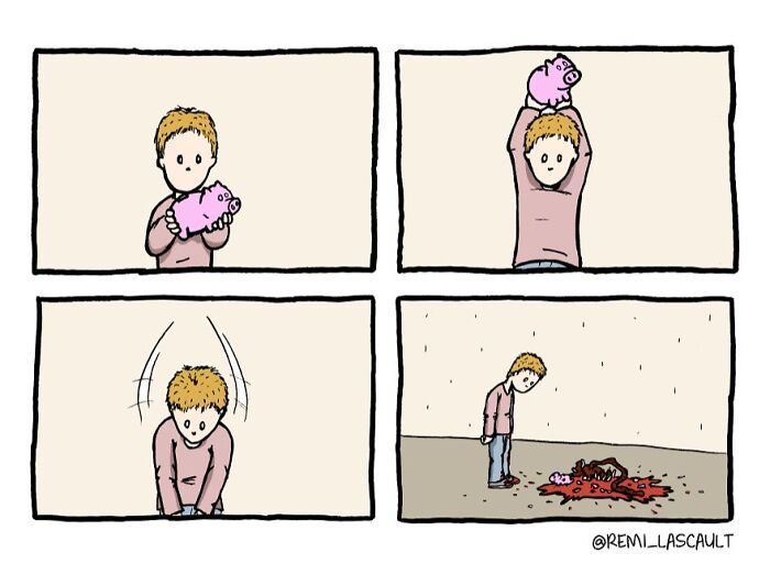 Comic strip showing a person smashing a piggy bank with a dark twist, illustrating dark humor from funniest comics.