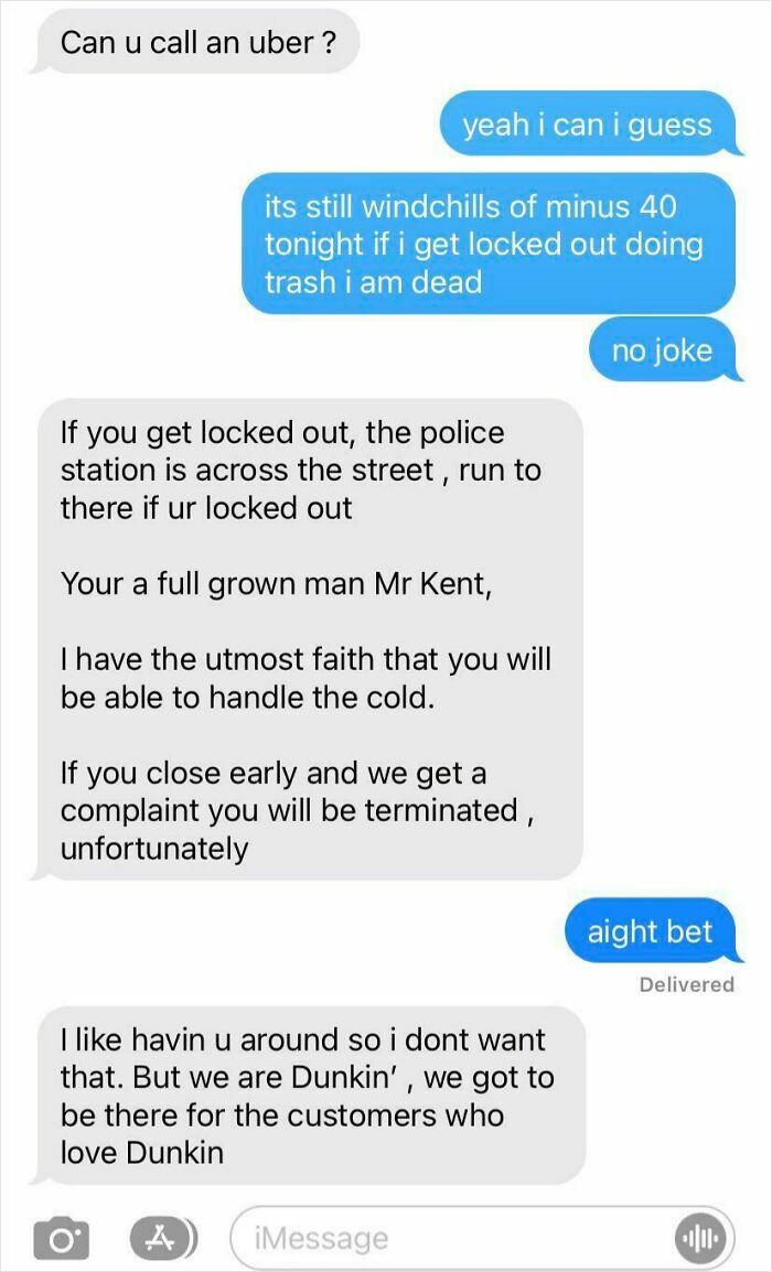 Text exchange revealing an infuriating boss's response to employee concerns about extreme cold and job security at Dunkin'.