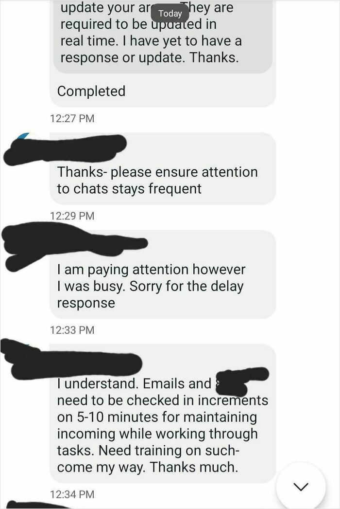 Chat exchange highlighting infuriating bosses with unrealistic email checking demands.
