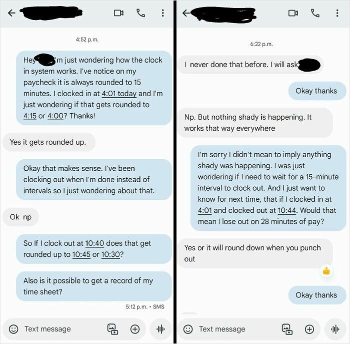 Texts between employee and boss about clock-in system and time rounding issues.