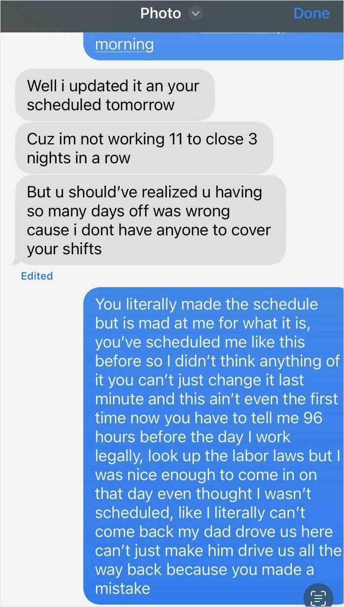 Text exchange revealing conflicts with infuriating boss over scheduling issues and labor laws.