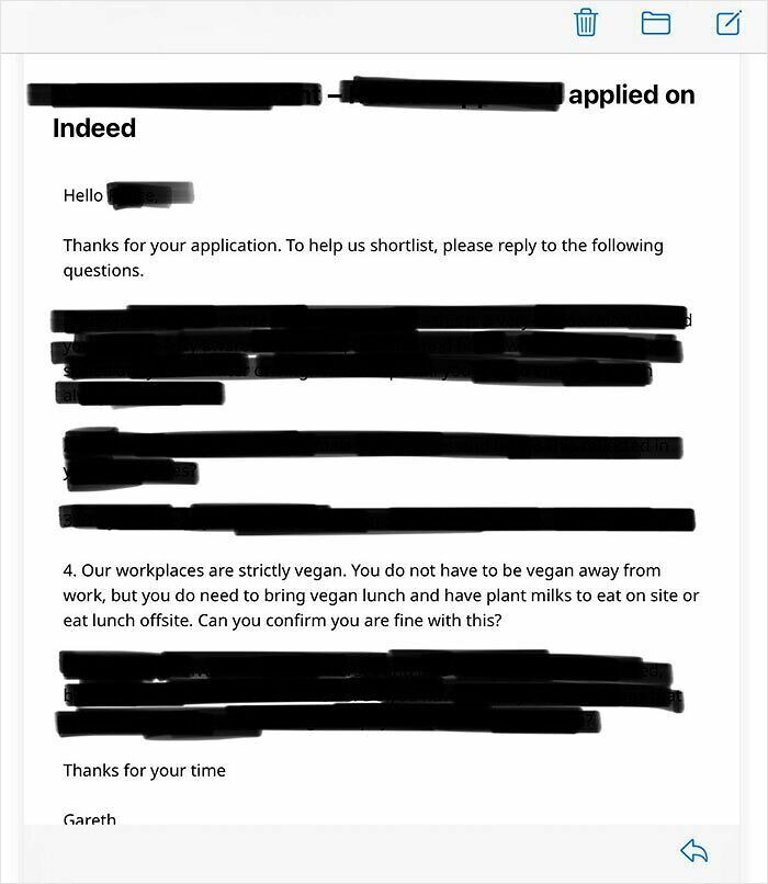Email screenshot showcasing an infuriating boss demanding a strictly vegan workplace policy.