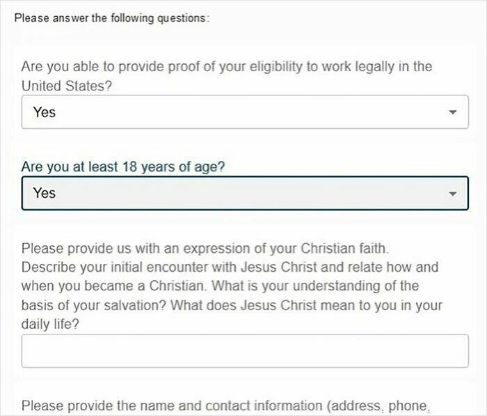 Job application form with eligibility and age questions, requesting a personal expression of Christian faith, highlighting infuriating bosses.