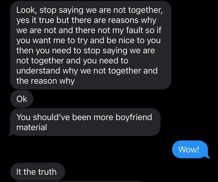 Text conversation with an ex discussing relationship issues and boyfriend material concerns.