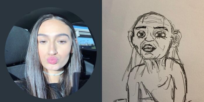 Profile pic alongside a humorous, unflattering cartoon roast by an artist, showcasing a creative reinterpretation.