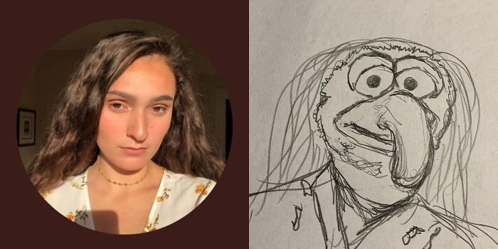 Woman's profile pic next to a humorous and unflattering cartoon sketch by an artist.