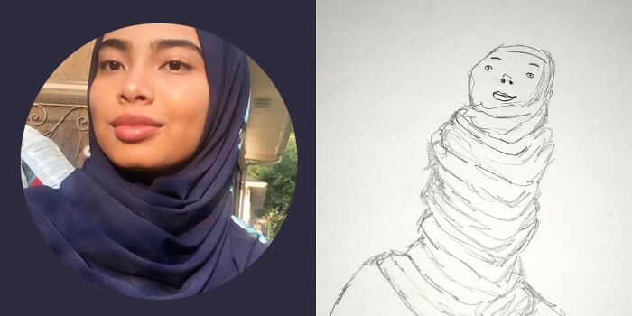 Person in blue hijab alongside a humorous, unflattering cartoon version.