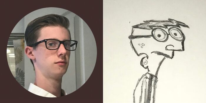 Profile pic next to a funny and unflattering cartoon sketch by artist, featuring glasses and a humorous expression.