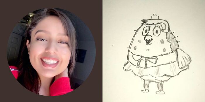 Smiling woman next to her profile pic roasted with a funny, unflattering cartoon sketch.