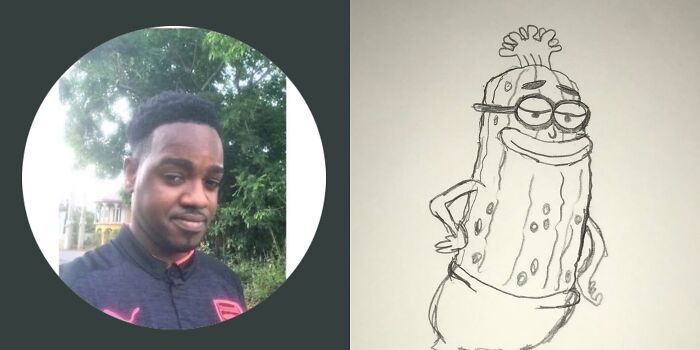 Profile pic and unflattering cartoon comparison, featuring a man and a comical pickle drawing.