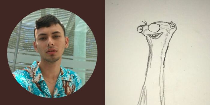 Man in a patterned shirt next to a humorous and unflattering cartoon drawing.