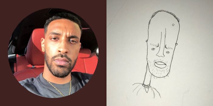 Man in a car next to a humorous, unflattering cartoon portrait.