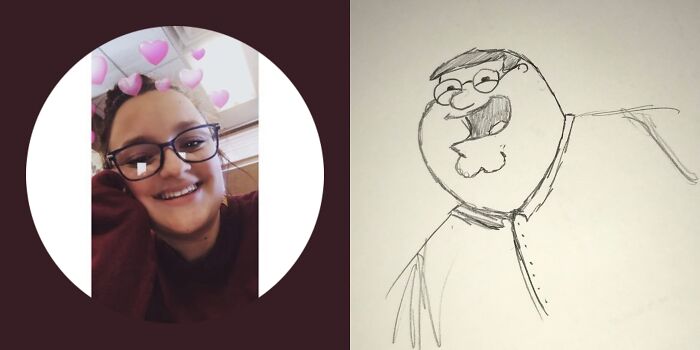 Profile pic humorously roasted with an unflattering cartoon sketch, featuring heart filter and glasses.
