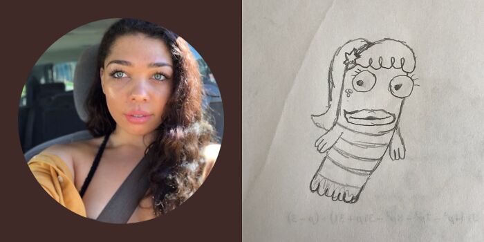 Woman with wavy hair in a car, next to an unflattering cartoon parody of her profile pic.