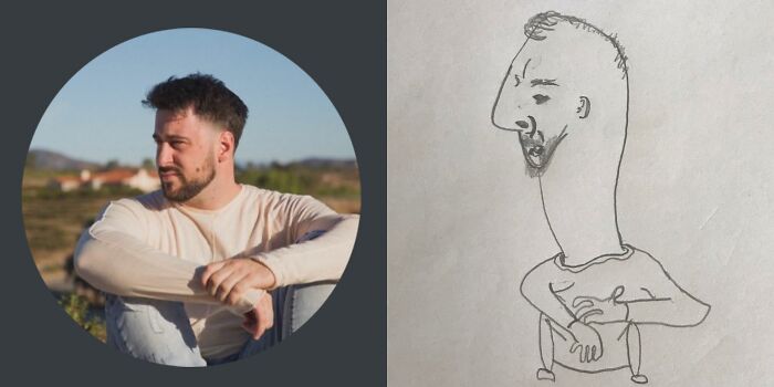 Profile pic alongside a humorous and unflattering cartoon sketch by artist.