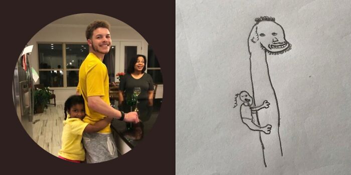 Person hugging another from behind in a kitchen, with a funny unflattering cartoon version on the right.