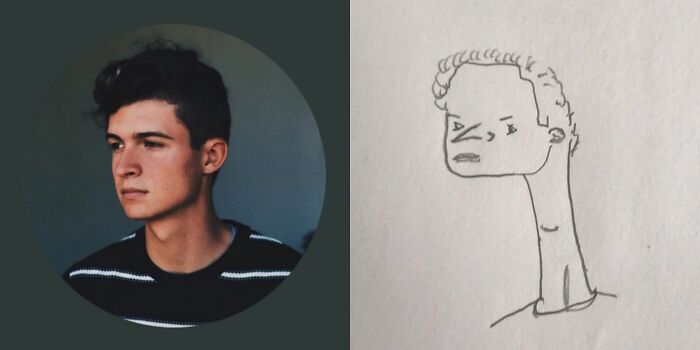 Profile pic next to a funny and unflattering cartoon roast drawing by artist.
